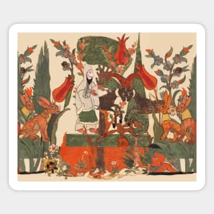 FOREST ANIMALS ,BATTLING RAMS, RED FOX, RABBITS AND ASCETIC AMONG TULIPS ,FLOWERS, GREEN LEAVES Magnet